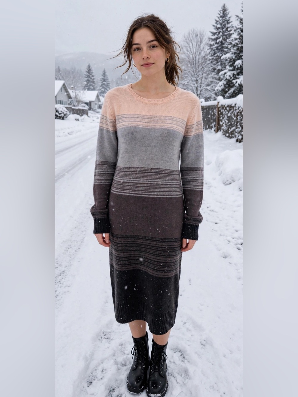 by & by Ombre Striped Knit Long-Sleeve Dress in Pink and Gray